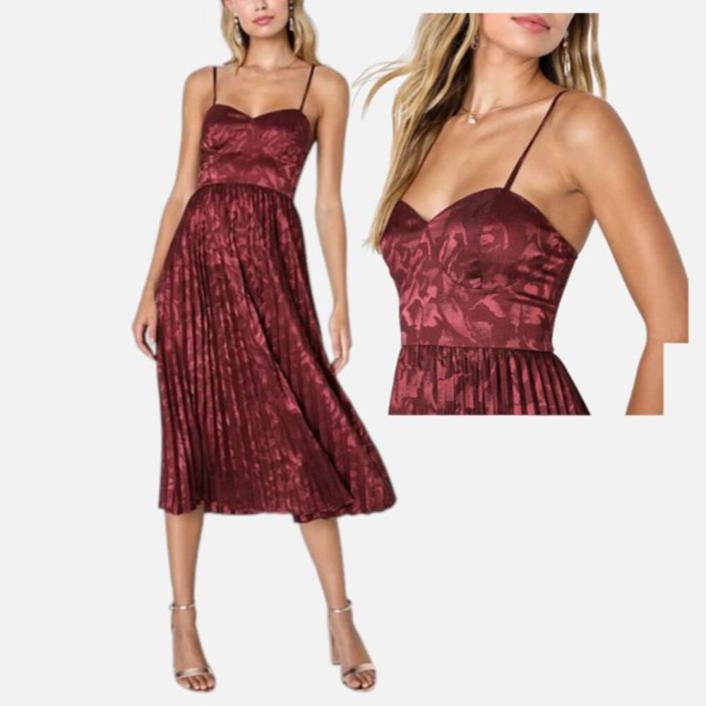 Lulus Bustier-Inspired Satin Pleated Midi Dress Plus XXL Burgundy Jacquard NWT